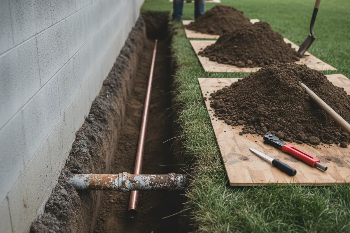 Excavated water line trench during Sewer Line Repair in West Boylston